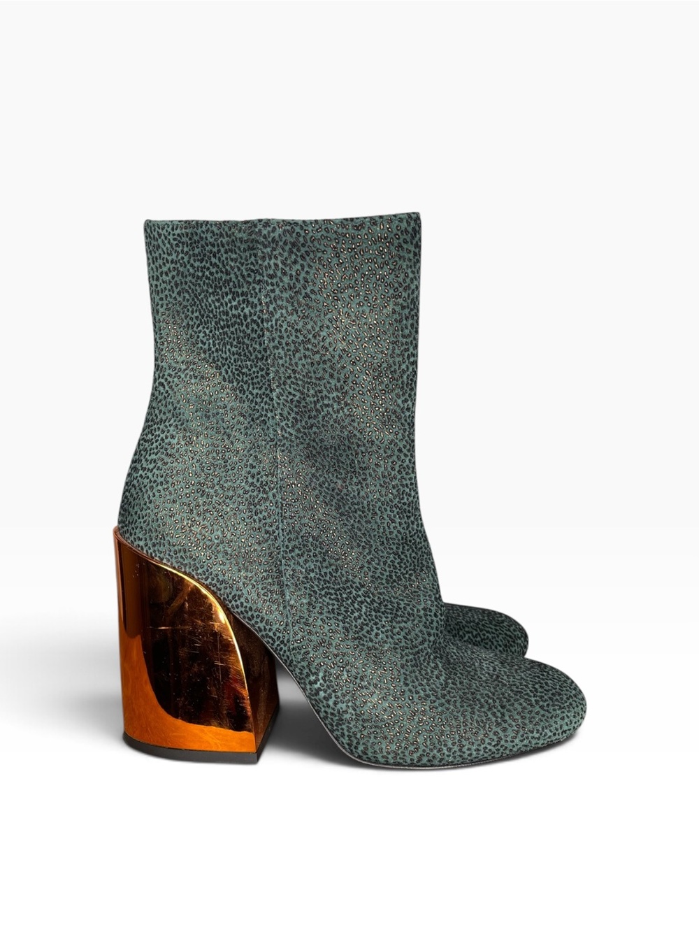 Women's Teal Leopard-Print Ankle Boots with Metallic Copper Mirror Heel